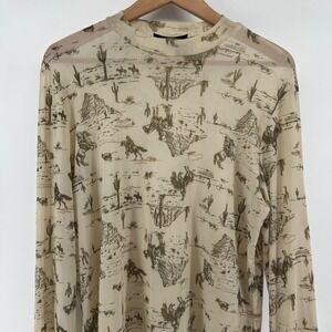 Nylon Apparel Women L Mesh Long Sleeve Top Western Desert Cowboy Print Festival